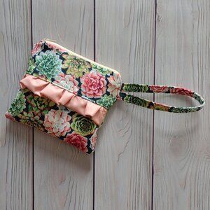 NEW! Peach + Green Succulents Ruffle Zip Zipper Pouch Bag Travel Case